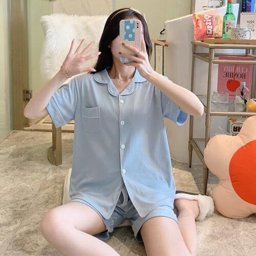Women Short Sleeve Shorts 2PCS Loose Pajama Sets Summer New Cotton Sleepwear Blue Homewear Casual With Pocket Cardigan Nightwear