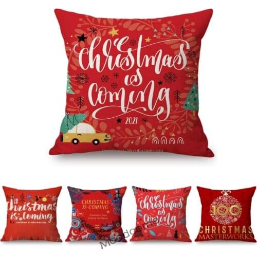 Joyous Cozy Family Decoration Pillow Cover Red Christmas Letter Art Xmas Decorative Cotton Linen Sofa Pillow Cushion Cover Case