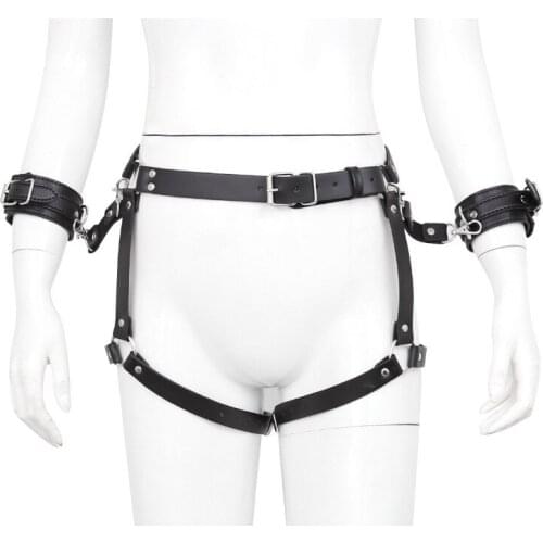 Sexy Women PU Leather Harness Belt Body Bondage Garters with Handcuffs Erotic Costumes Sex Products Adults Harness Cage Belts