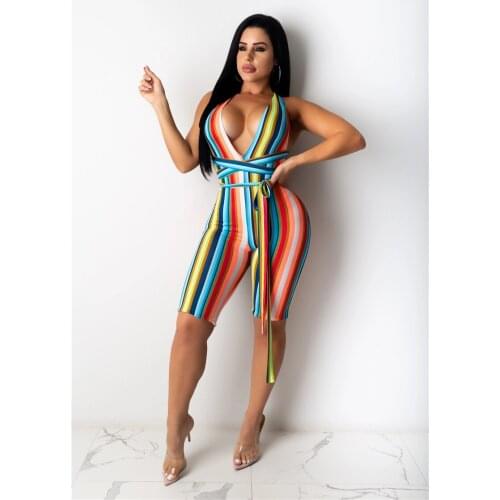Sexy Women’s Cross Halter Jumpsuit Fashion Dye-tie Printed Stripe Tight Short Pants Summer New Backless Jumpsuit Hollow Playsuit
