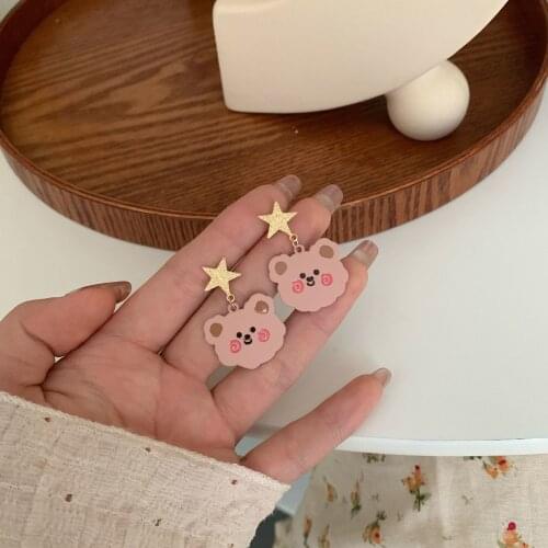 S925 Silver Needle Cartoon Cute Pink Bear Earrings Personality Sweet Star Stud Earstuds Soft Refreshing Temperament Girl Earclip