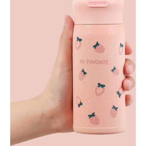 Strawberry Cute Thermos Girls Kids Water Bottle Portable Handle 304 Stainless Steel Tumbler Vacuum Insulated Coffee Cup Travel