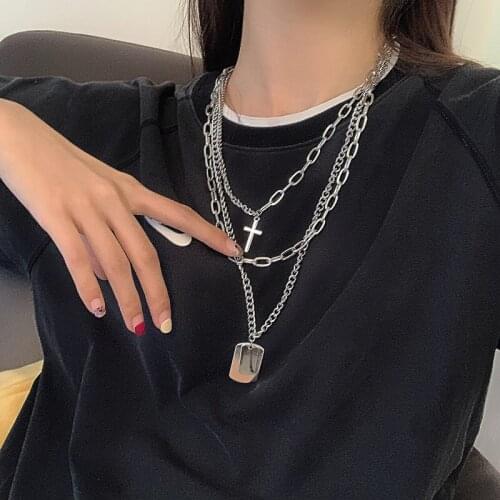 Vogallery Layered Chains Pendants Women Gold Color Cross Rectangular Punk Rock Necklace Multilayer Jewelry Hip Hop Accessories