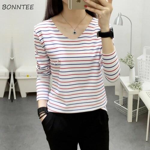 T-shirts Women Spring Autumn Trendy V-Neck Striped Long Sleeve Womens Leisure Slim New Korean Students Pocket Regular Tees Sweet