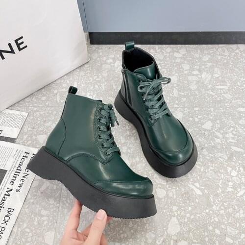 Women Platform Leather Boots Med Heel Height Increasing Short Boot Autumn Fashion Pumps Shoes SizeZip Closure