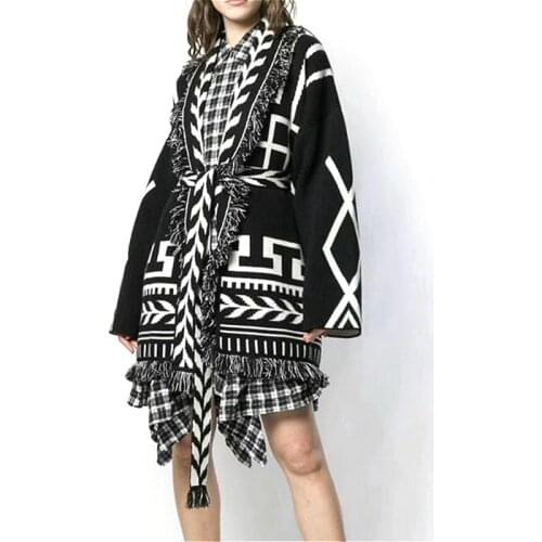 TEELYNN Black Ethnic Cashmere Jacquard knit Sweater Women Cardigan Vintage Fringed Long Sleeve Winter Warm Coat Boho Outwear