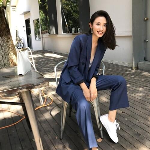 Work Leisure Pant Suits OL 2 Piece Sets Double Breasted Blazer Jacket & Zipper Trousers Suit For Women Set Feminino Spring TB190