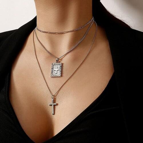 Fashion Boho Vintage Gold Silver Color Square Pendant Carved Cross Necklaces For Women Multilayer Necklace Female Jewelry Gift