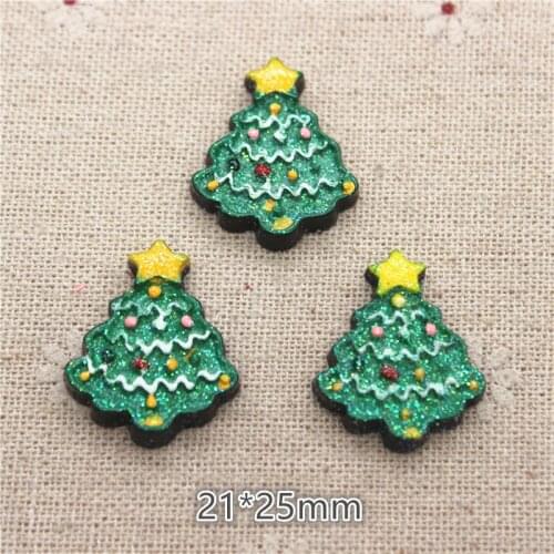 10pcs 21*25mm Resin Glitter Christmas Tree Flatback Cabochon Miniature Art Supply Decoration Charm Craft