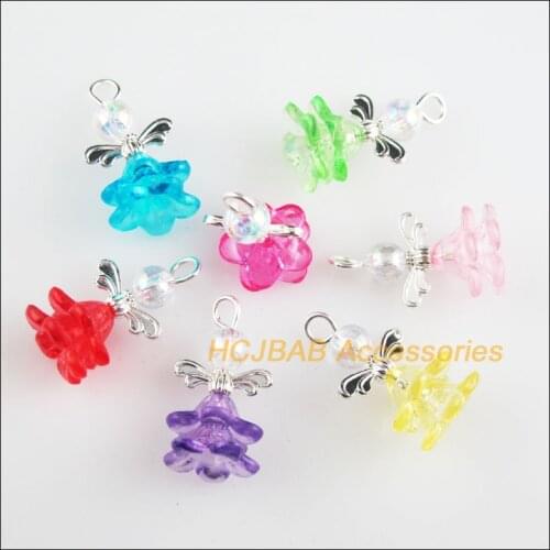 21 New Angel Charms Silver Plated AB Beads Acrylic Mixed Flower Pendants 14x24mm