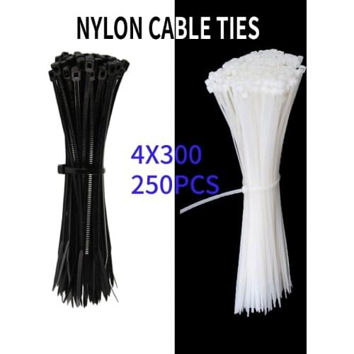 250PCS Self-locking Nylon Cable Ties 4x300 Wire Zip Ties Hardware Cable Black White