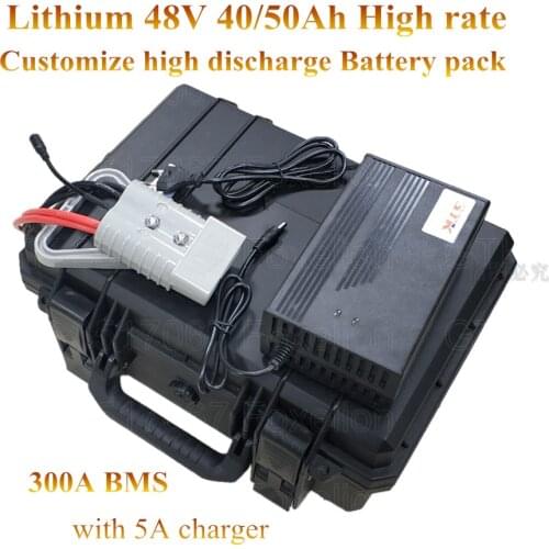 48v 40Ah 50Ah battery lithium DC high rate cells 10C 350A 300A BMS nmc lipo crazy cart car EV waterproof powerful + 5A charger