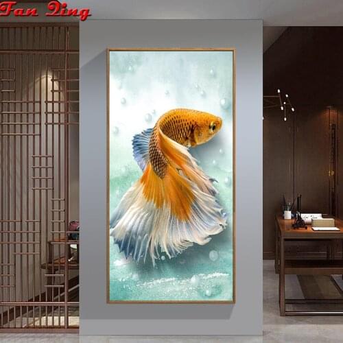 Full Drill 5d Diy Diamond Painting Colorful Fish Koi 3D Diamond Embroidery Square Mosaic Cross Stitch Modern Home Decor