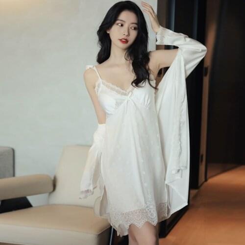 Robe Kimono Bath Gown Sets Satin Bridal Bridesmaid Wedding Bathrobe Sleep Suit Lace 2PCS Sleepwear Home Wear V-Neck Lingerie