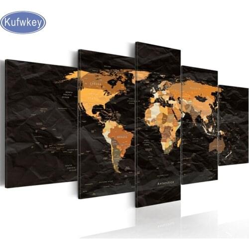 Kufwkey Full Square diamond Mosaic Rhinestone 5D DIY Diamond Painting 5 piece"world map"Diamond Embroidery for Living Room Decor