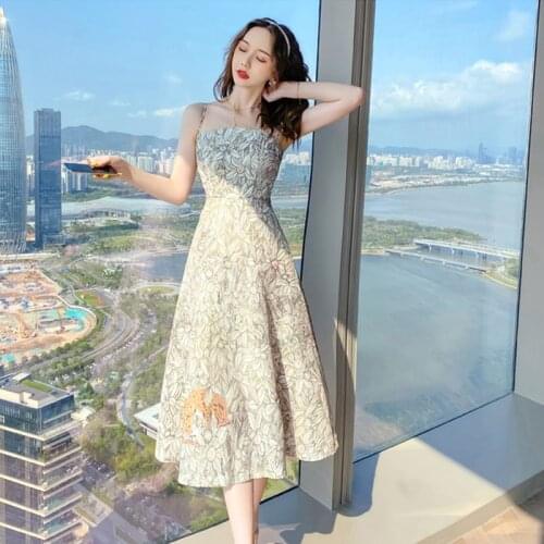 Fashion Summer Vintage Strap Sleeveless Midi Party Club Dress Ladies Elegant Casual Streetwear Floral Print Beach Vacation Dress