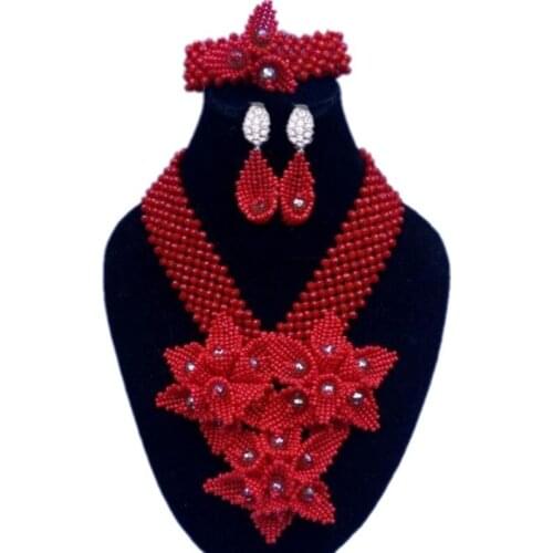 Fashion Jewelry Set For Nigerian Women Crystal African Bridal Beads Sets Braid Petals Flower Wedding Jewellery Red Custom Color