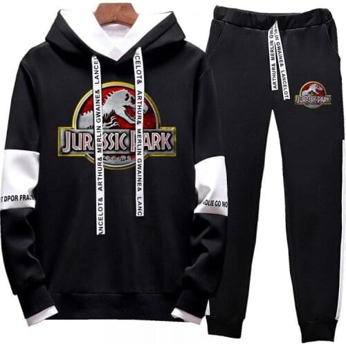 2021 Jurassic Park Print Men Thermal Men Sportswear Sets Cotton Hoodie+Pants Sporting Loose Casual Sweatshirts Suit