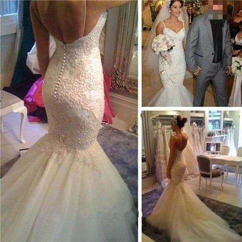 Spaghetti Straps Vestido De Noiva Mermaid Wedding Dresses 2021 V-Neck Backless Court Train Appliques Ivory Wedding Gowns Dress