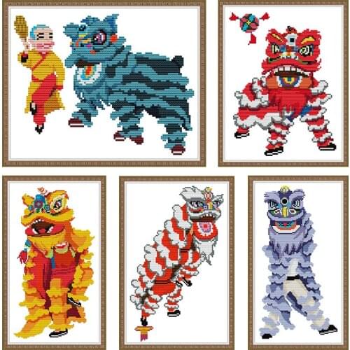 Lion Dance Cross Stitch Kit Cartoon Embroidery Needlework Thread Gift Stamped 11CT 14CT Printed Handmade Decor Fabric Thread Set