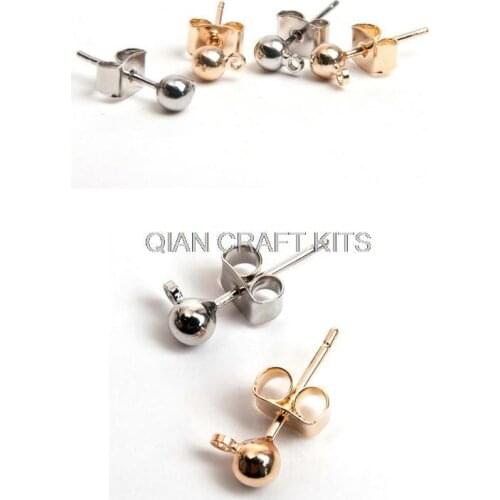 Set of 150sets high quality 4mm ball zinc alloy Posts studs with Hanging Loop and free ear stoppers caps gold or silver