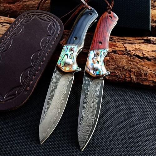 OEM perfect lines Damascus Blade fruit knife Wooden handle folding knife Outdoor camping hunting Survival pocket knives EDC tool
