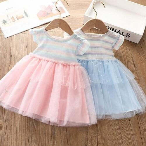 Summer Fashion Girls Kids Princess Dress Children Baby Infants Short Sleeve Striped Mesh Ball Gown Party Dresses Vestidos S12263