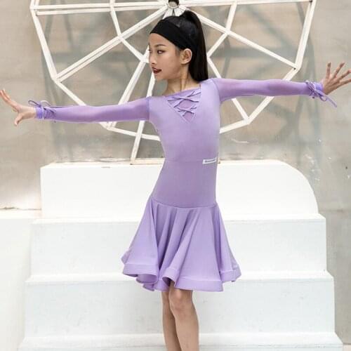Latin Dance Dress For Kids Long Sleeve Purple/Green Latin Competition Dresses Rumba Tango Samba ChaCha Practice Clothing DWY5461
