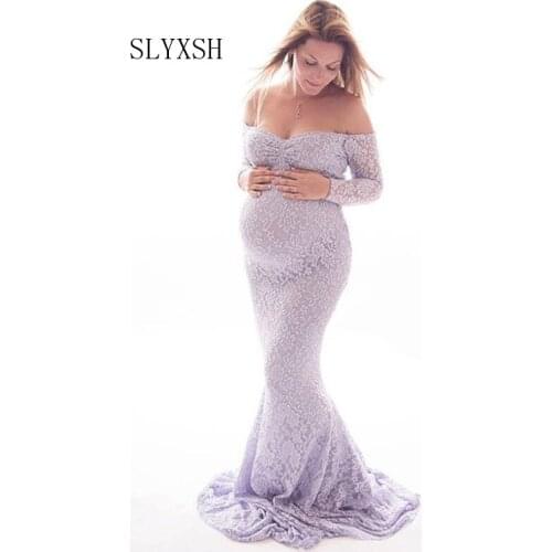 SLYXSH Maternity Dresses Maternity Photography Props Women Long Maxi Dress Sexy Gown Lace O-Neck Pregnancy Dress