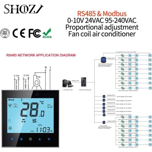 SHOJZJ RTU Communication Modbus& RS485 2/4Pipe Smart Heat Cool Temp Thermostatair Air Conditioner For Fan Coil Heat Cool