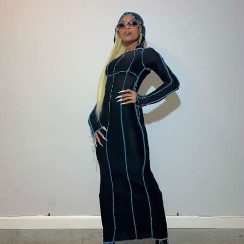 WJFZQM Long Sleeve Hooded Patchwork Skinny Maxi Party Dress Spring Autumn Women Fashion Streetwear Casual Outfits Bodycon Dress