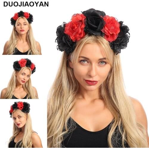 DUOJIAOYAN Ladies big rose flower lace fashion headband black and red hit color personality girls hair accessories dress up new