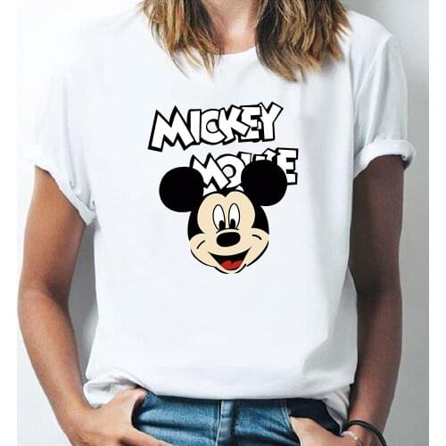 Mickey Minnie Mouse Clothes Disney Harajuku Style Cartoon Women Loose Large Size Bow Cute Round Neck White Tops Sisters T-Shirt