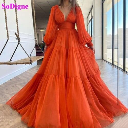 SoDigne V-Nec Prom Dresses Long Sleeves A-Line Prom Gowns Women Tiered Tulle Formal Party Dresses vestidos formales