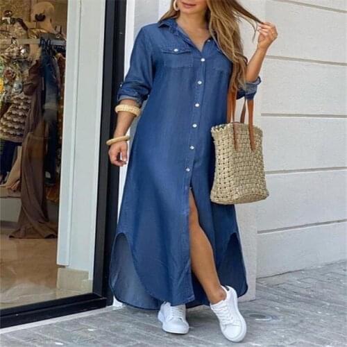 Plus Size Denim Dress Turn-down Collar Three Quarter Sleeve Button Shirt Dress Casual Maxi Dresses for Women Autumn 2021 vestido