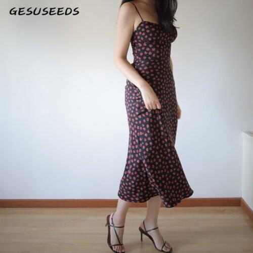 Vintage kawaii strawberry print elegant dresses spaghetti strap dress black summer dress midi sexy dress camis sundress 2019