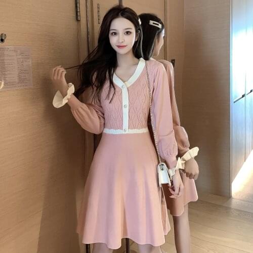 Woman Knitting Dress V Neck Single Button Slim Waist Sexy 2020 Fashion Patchwork Autumn Winter Dresses