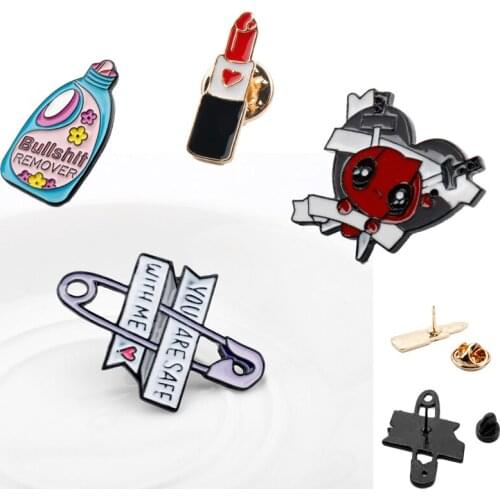 Badge Pin Brooches Creative Enamel Metal Brooch Lipstick Paper clip Lip Balm Heart Bullshit Remover Bottle Shape Lapel Pins Gift
