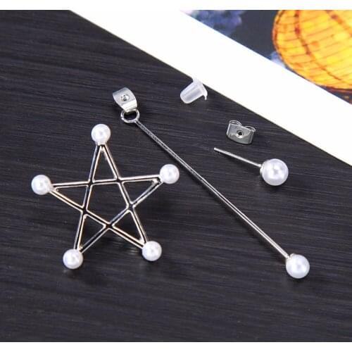 1 piece Hollow Stick Star Simulated Pearl Stud Golden Silver Plated Asymmetrical Drop Earrings Women Dangle Earrings
