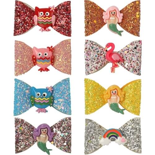 8pcs/lot Bowknot Princess Hairgrips Glitter Hair Bows with Clip Party Bow Hair Clip Girls Owl Mermaid Hairpins