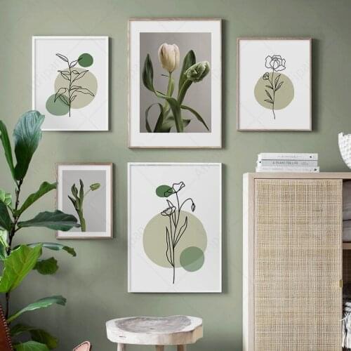 Abstract Green Plants Lines Posters and Prints Tulip Rose Quotes Wall Art Canvas Painting Nordic Pictures for Living Room Decor