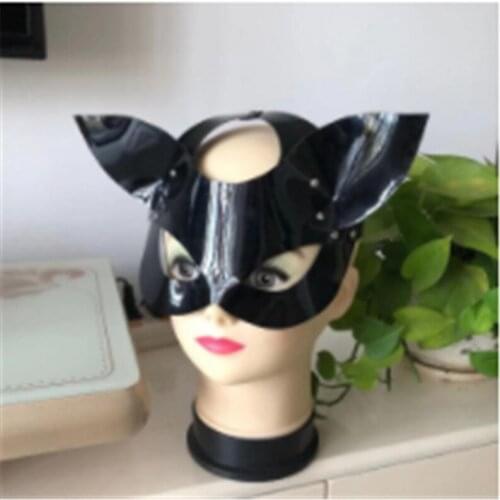 Shining Leather Cat Mask with ears rivets hood Masks Costumes Accessory Sexy Fetish Hood for party and cosplay on sale