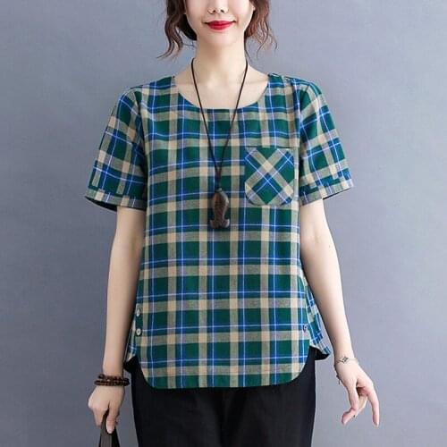 Plus Size Women Cotton Linen Casual T-shirts New 2021 Summer Vintage Style Plaid Print Loose Female Short Sleeve Tops Tees S4001