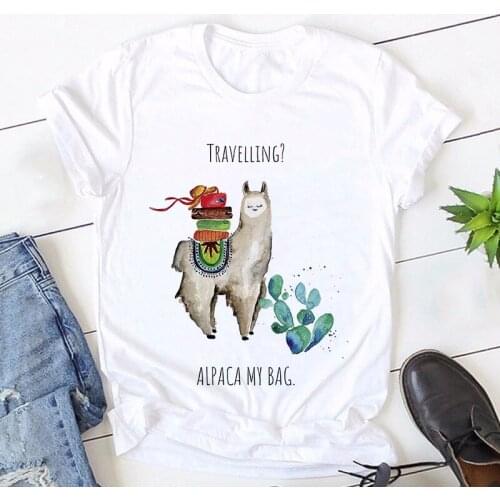 Travelling Alpaca My Bag Cute Graphic Print T-shirt Women Harajuku Aesthetic Tshirt 2021 Summer Fashion White Top Female T Shirt