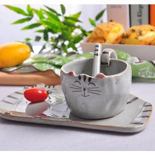 Cartoon Cat Coffee Mugs Plate Handmade Tea Cups and Mugs Western Dinner Dish Tableware