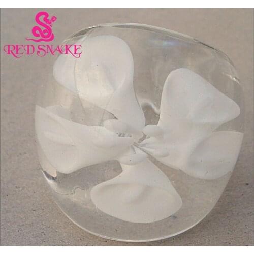 RED SNAKE Fashion Ring Handmade White Morning glory flower drawing Transparent Murano Glass Rings