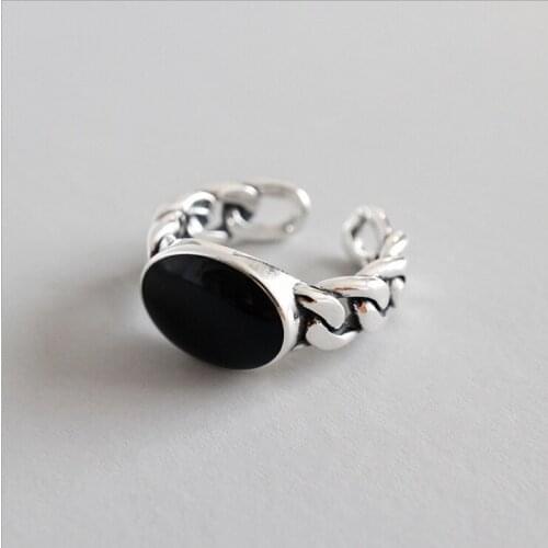 LVC94 925 Silver Trendy Big Black Round Resin Female Finger Rings Wholesale Jewelry Women Open Party Ring Never Fade