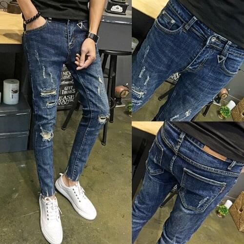 New 2021 youth Korean style trendy slim feet pants student elastic ripped casual ankle length teenagers jeans men