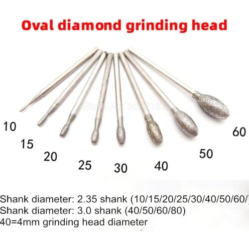1Pcs Oval Diamond Polishing Grinding Head Burrs Bits Shank Jade Stone Carving Engraving Tool Drill Coated Bit Points