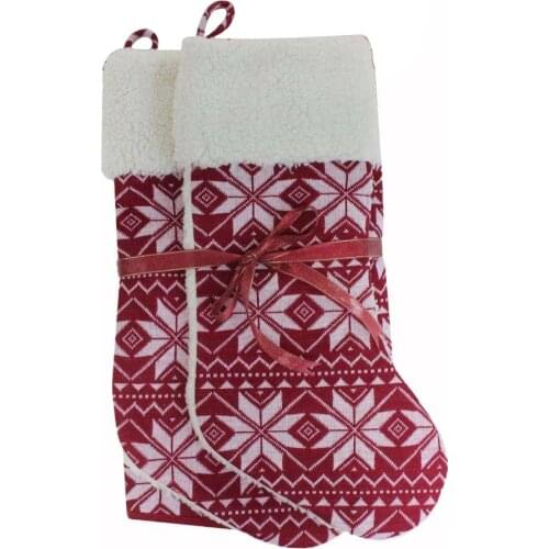 Gift Set 2pcs 18x18" Cushion cover with 2pcs Christmas stocking Chunky Knitted Deep red White Snowflake P2376
